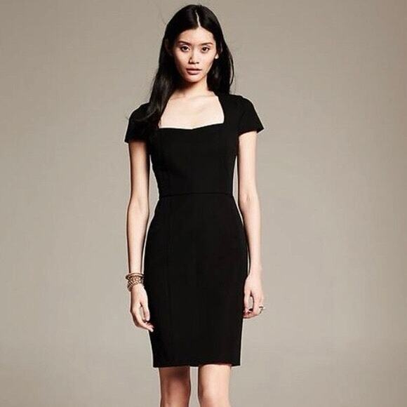 Banana Republic Black Square Neck Short Cap Sleeve Knee Length Sheath Dress 2 - Picture 1 of 8